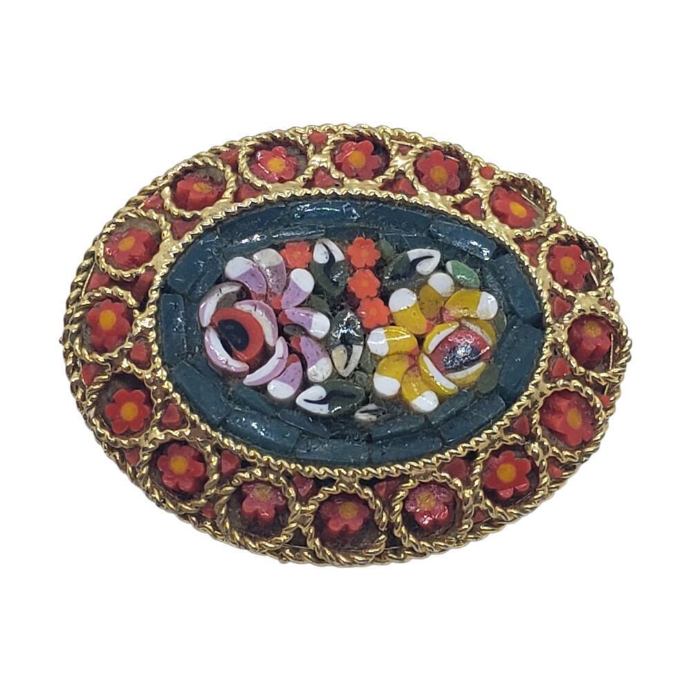 Vintage Italian Micro Mosaic Floral Brooch Pin Oval Glass Flowers millefiori